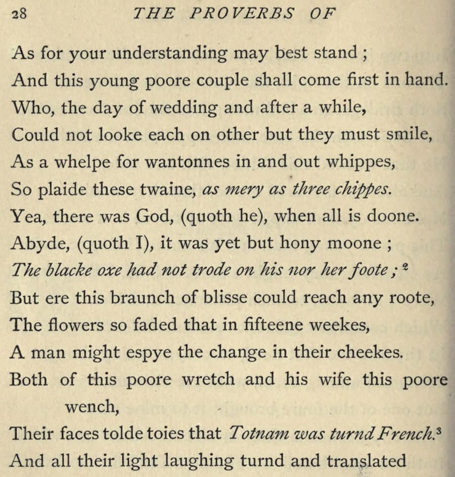 A printed page of John Heywood's Proverbs with the line 'Abyde, (quoth I), it was yet but hony moone'