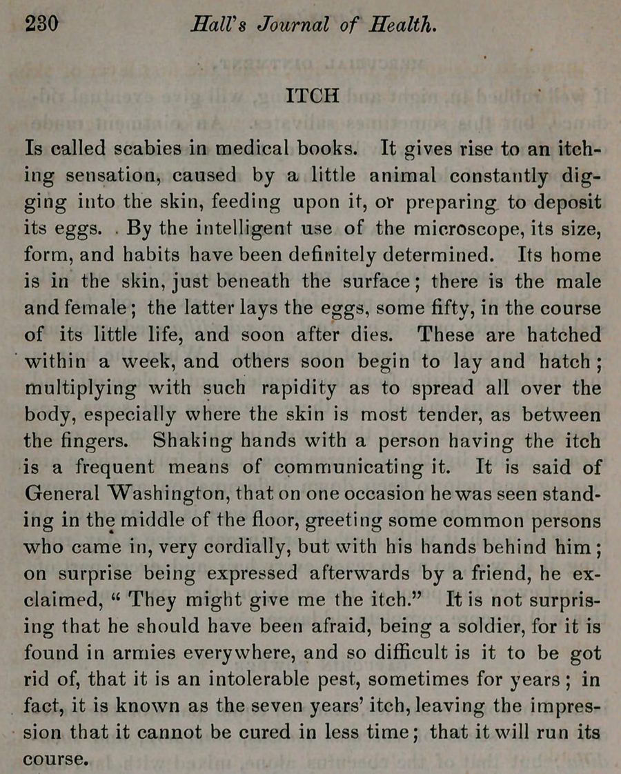 A printed journal page headed ITCH, describing scabies and ending with the line about the seven years' itch