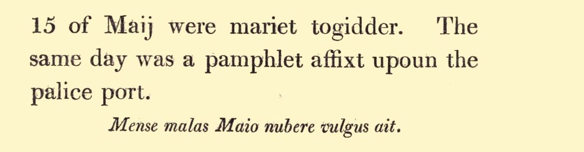 Printed text reading: 15 of Maij were mariet togidder. The same day was a pamphlet affixt upoun the palice port. Mense malas Maio nubere vulgus ait.