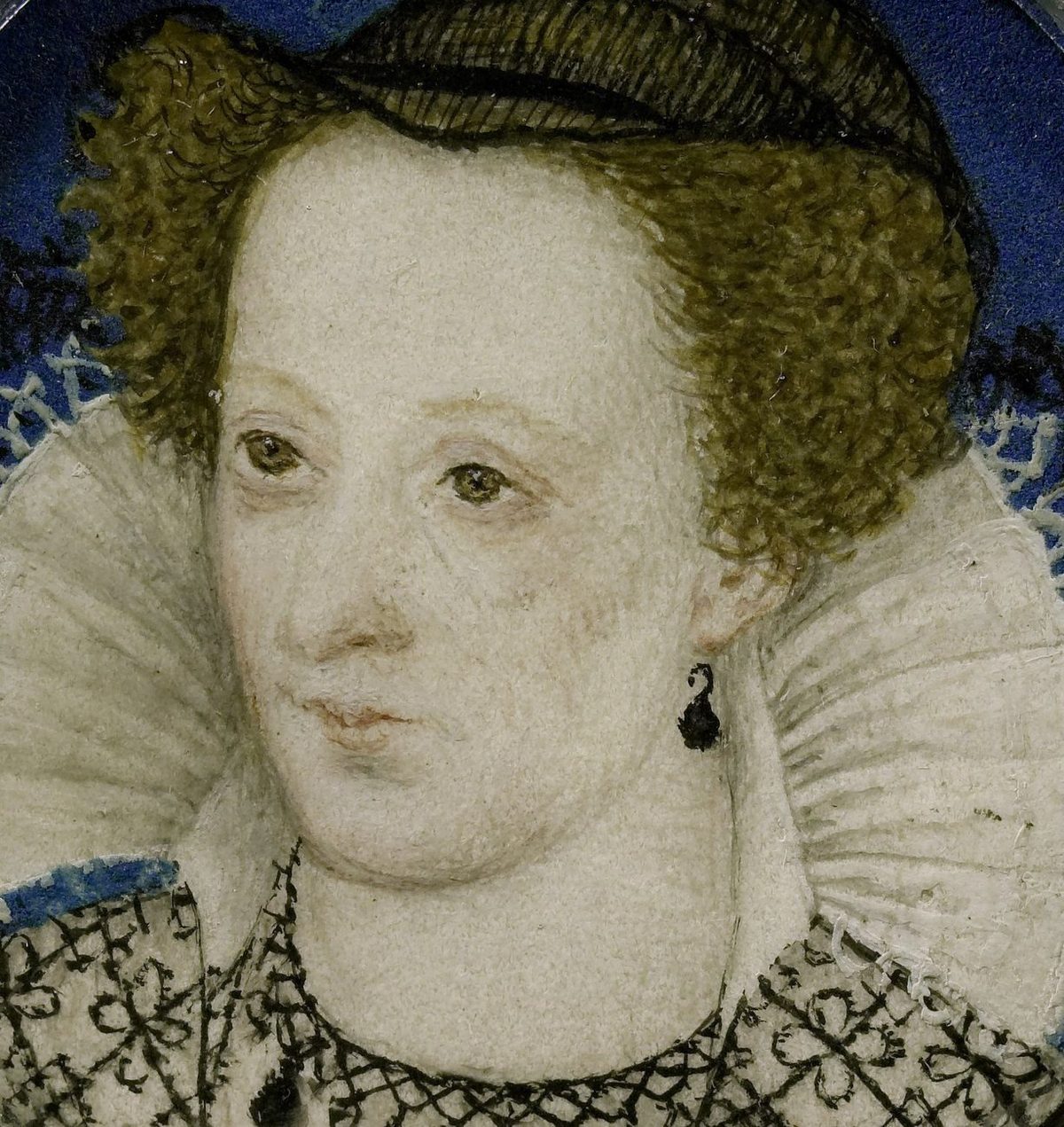 A miniature portrait of Mary, Queen of Scots, with curled auburn hair, a white ruff and black lace, on a blue ground
