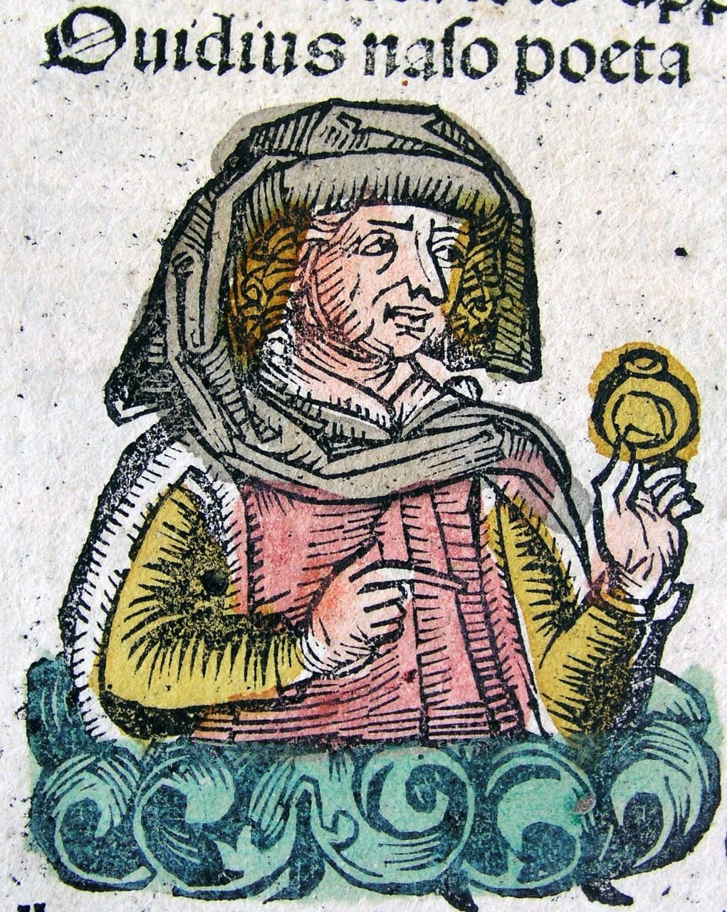 A hand-coloured woodcut of a man in a hooded cap holding up a small round flask, under the printed heading Ouidius naso poeta