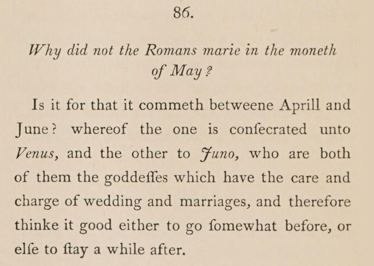 A printed page headed 86, Why did not the Romans marie in the moneth of May?, followed by the first guess about Venus and Juno