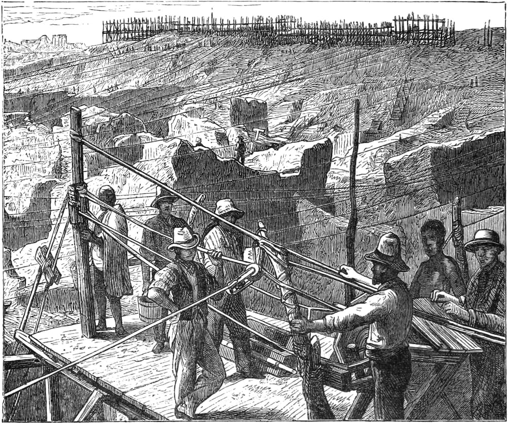 An engraving of the crowded diamond diggings at Kimberley in South Africa in 1872