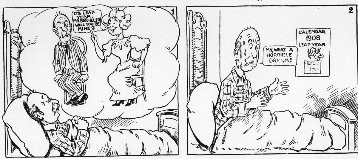 Two cartoon panels: a balding man in bed dreams that a smiling woman says It's leap year, Mr Batcheler, will you be mine? Then he sits up sweating and says My, what a horrible dream! beside a 1908 Leap Year calendar