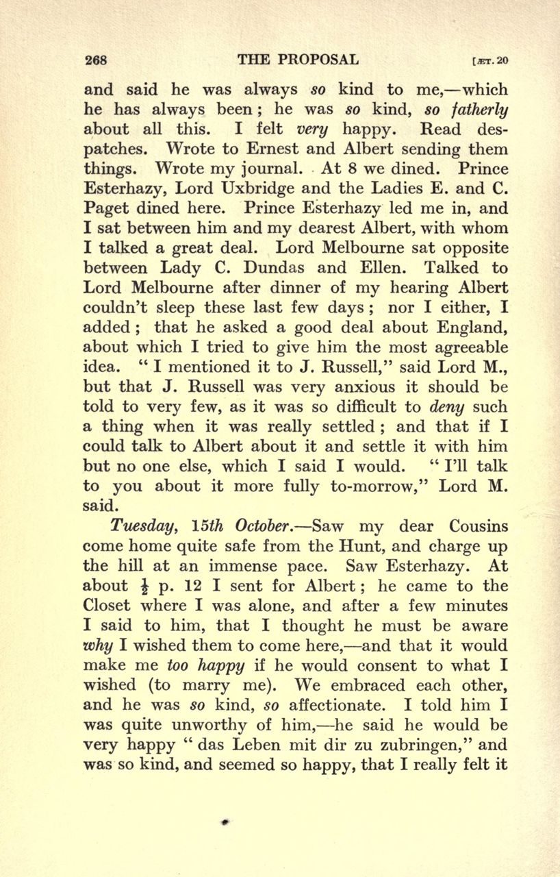 A printed book page with the running head 268 THE PROPOSAL, including the journal entry headed Tuesday, 15th October
