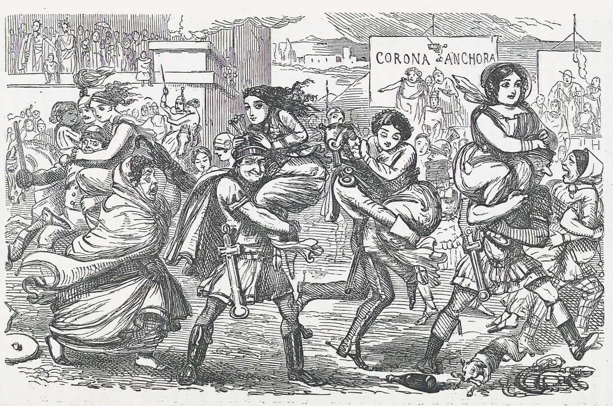 A Victorian cartoon of Roman soldiers running off with women slung over their shoulders