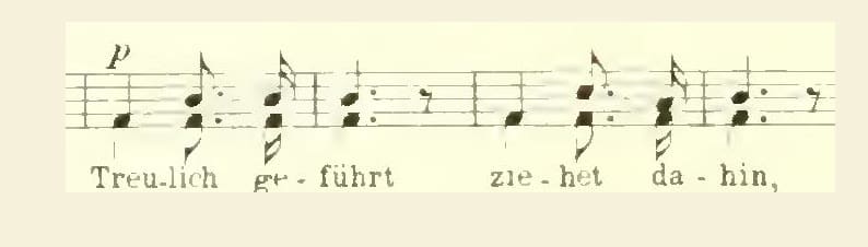 A line of printed sheet music with the German words Treulich geführt