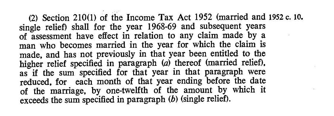 A printed page of the Finance Act 1968, section 14(2), reducing the married relief by one-twelfth for each month before the date of the marriage