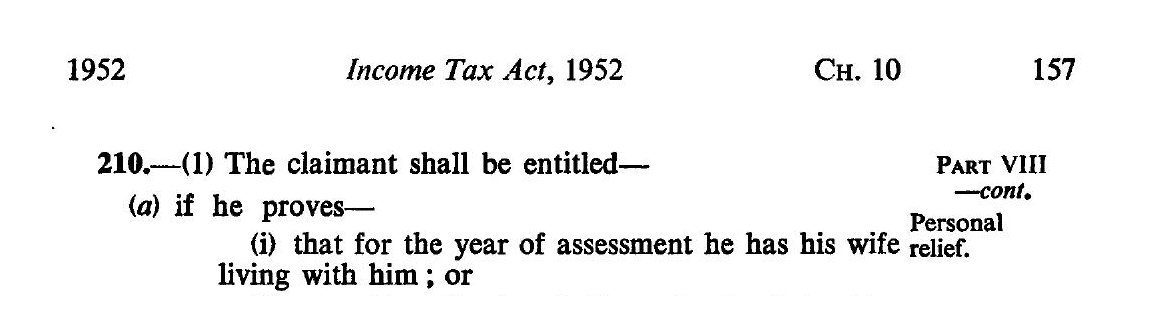 A printed page of the Income Tax Act 1952, section 210: the claimant is entitled if he proves that for the year of assessment he has his wife living with him