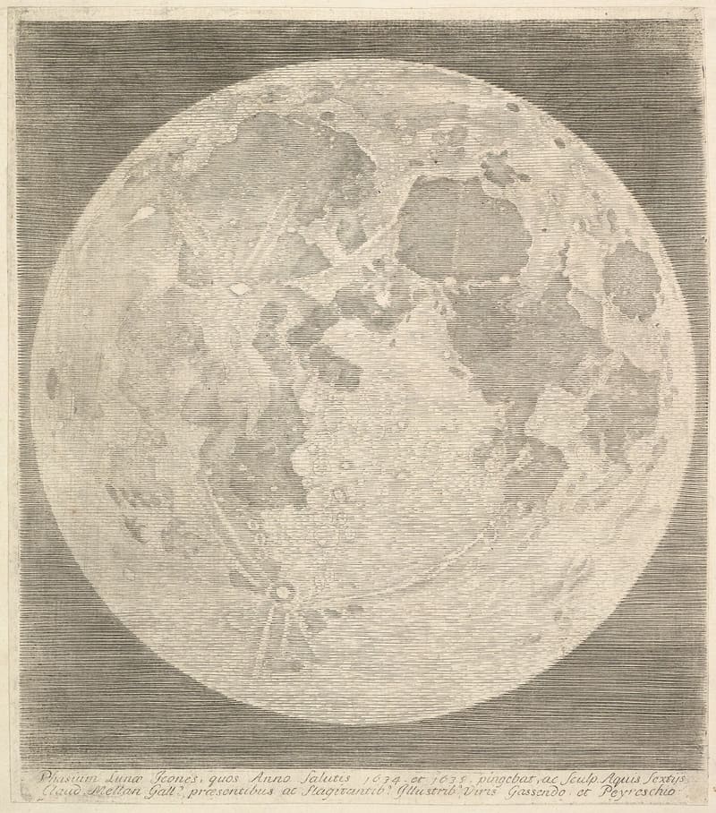 A detailed seventeenth century engraving of the full moon