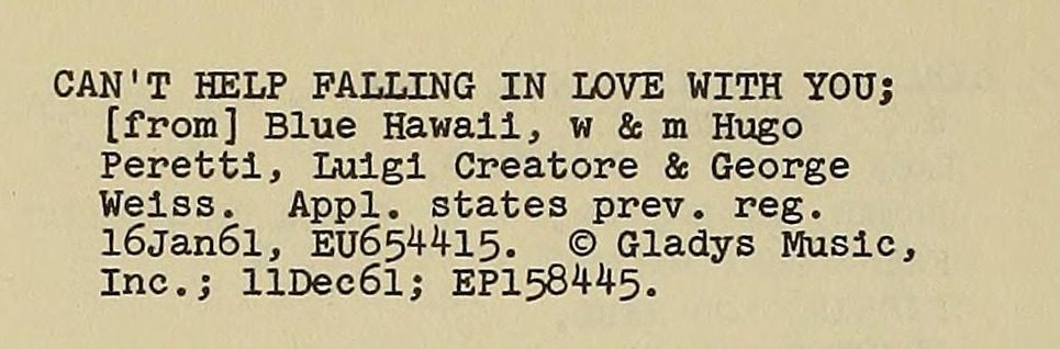 A typewritten catalogue entry: CAN'T HELP FALLING IN LOVE WITH YOU; [from] Blue Hawaii, w & m Hugo Peretti, Luigi Creatore & George Weiss, Gladys Music, 11Dec61