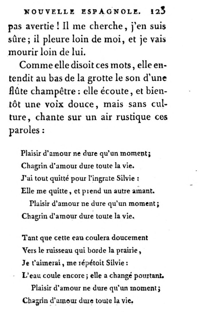 A printed book page in French: a paragraph of prose, then the poem beginning Plaisir d'amour ne dure qu'un moment, with its refrain printed three times