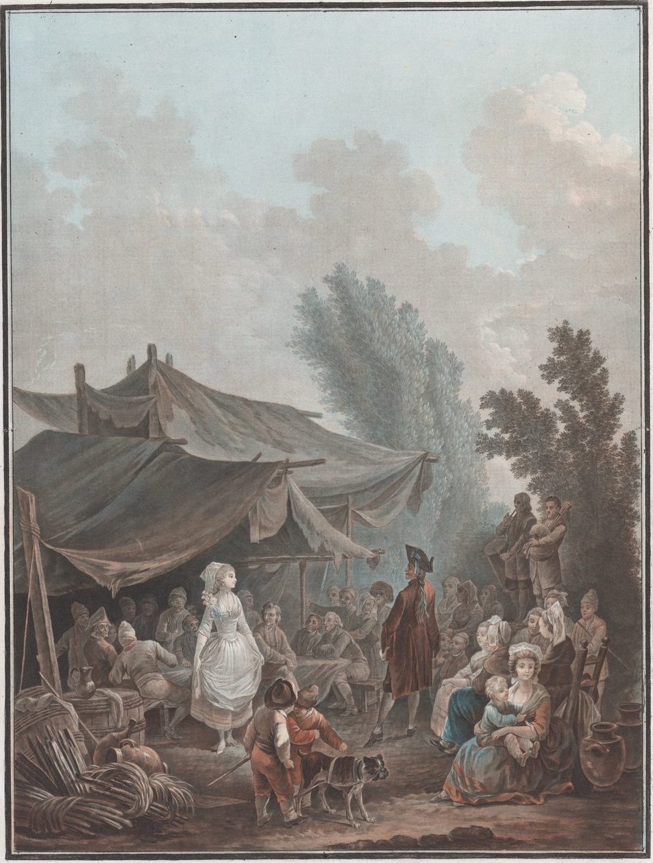 A colour print of an 18th century French village wedding: the bride in white stands under a canvas awning, a man in a red coat beside her, guests at long tables and musicians under the trees