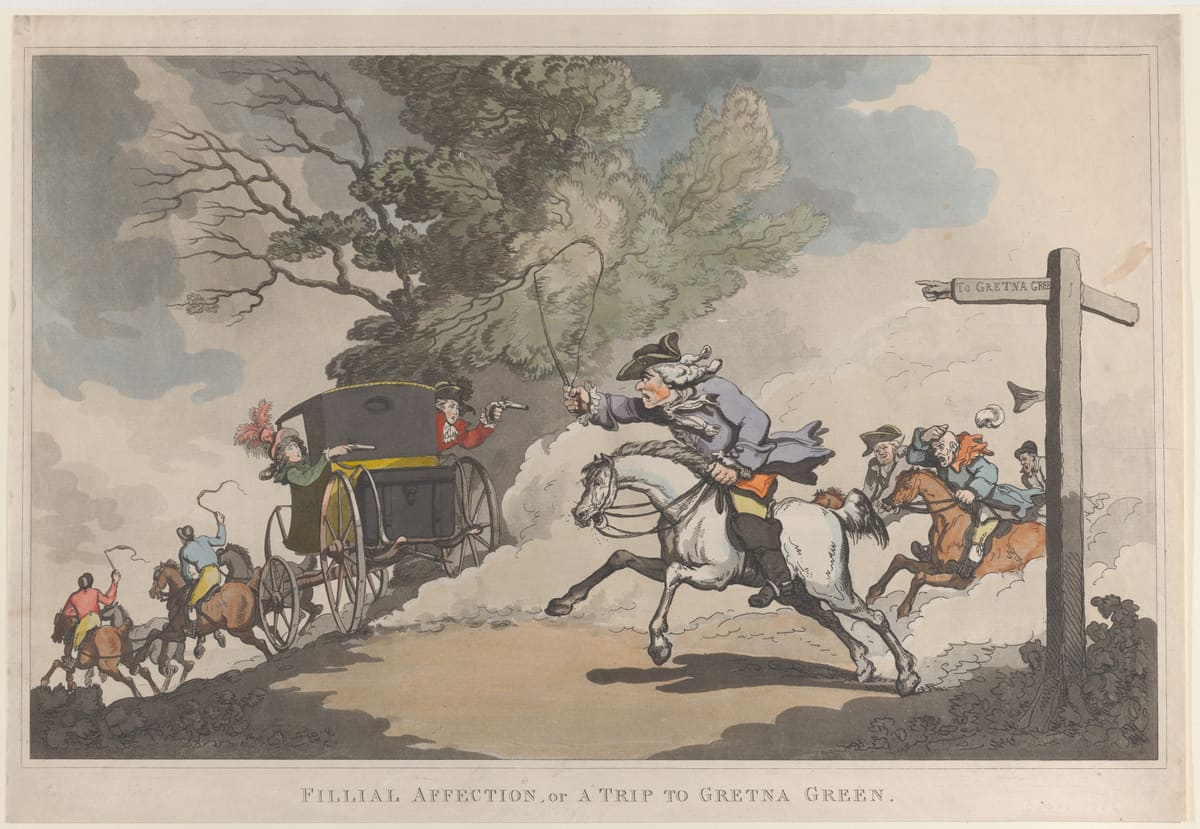 A coloured print of a couple escaping in a carriage while a furious father gallops after them with a whip, past a signpost to Gretna Green