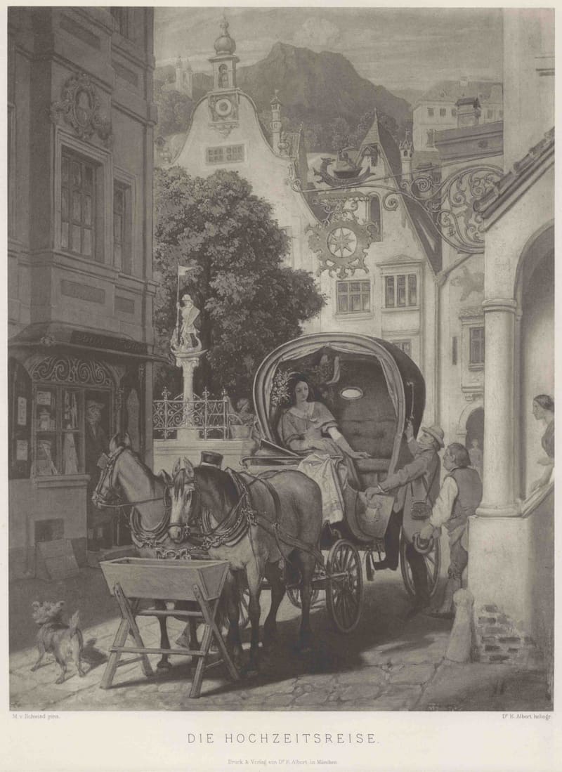 A bride sitting in an open travelling carriage in a town square, about to set off