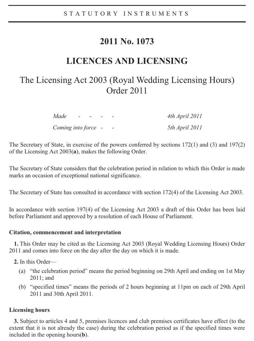 The first page of a UK statutory instrument titled The Licensing Act 2003 (Royal Wedding Licensing Hours) Order 2011, with the definition of the specified times as 2 hours beginning at 11pm