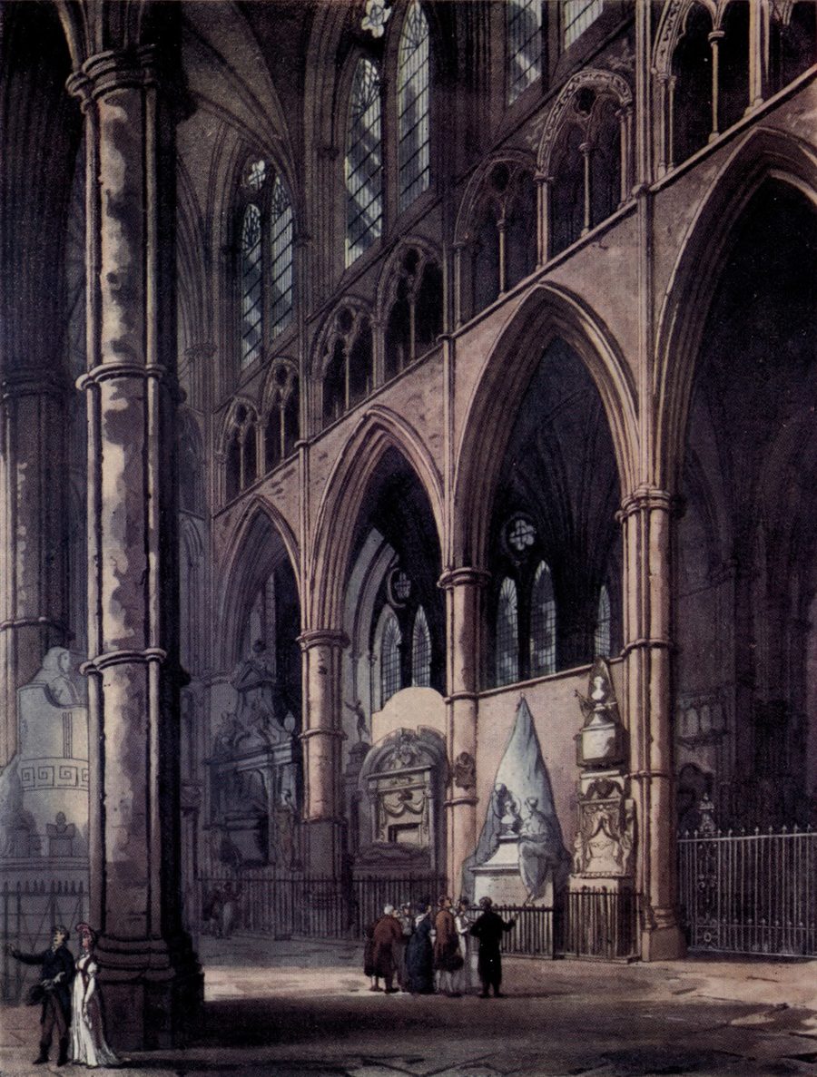 A coloured aquatint of the tall Gothic interior of Westminster Abbey, with a few small figures in Regency dress among the pillars and monuments