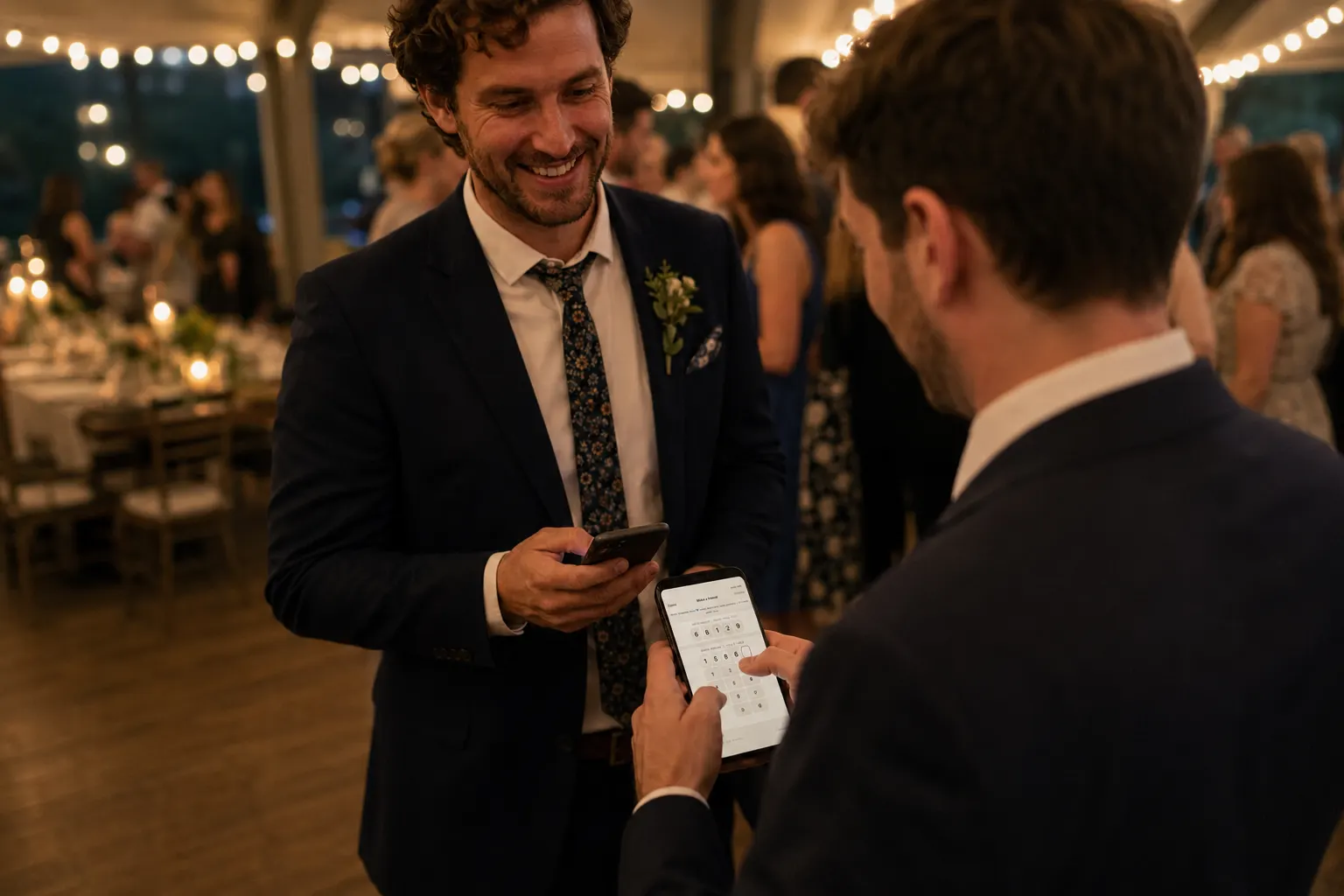 Two guests laughing as they swap their friend numbers