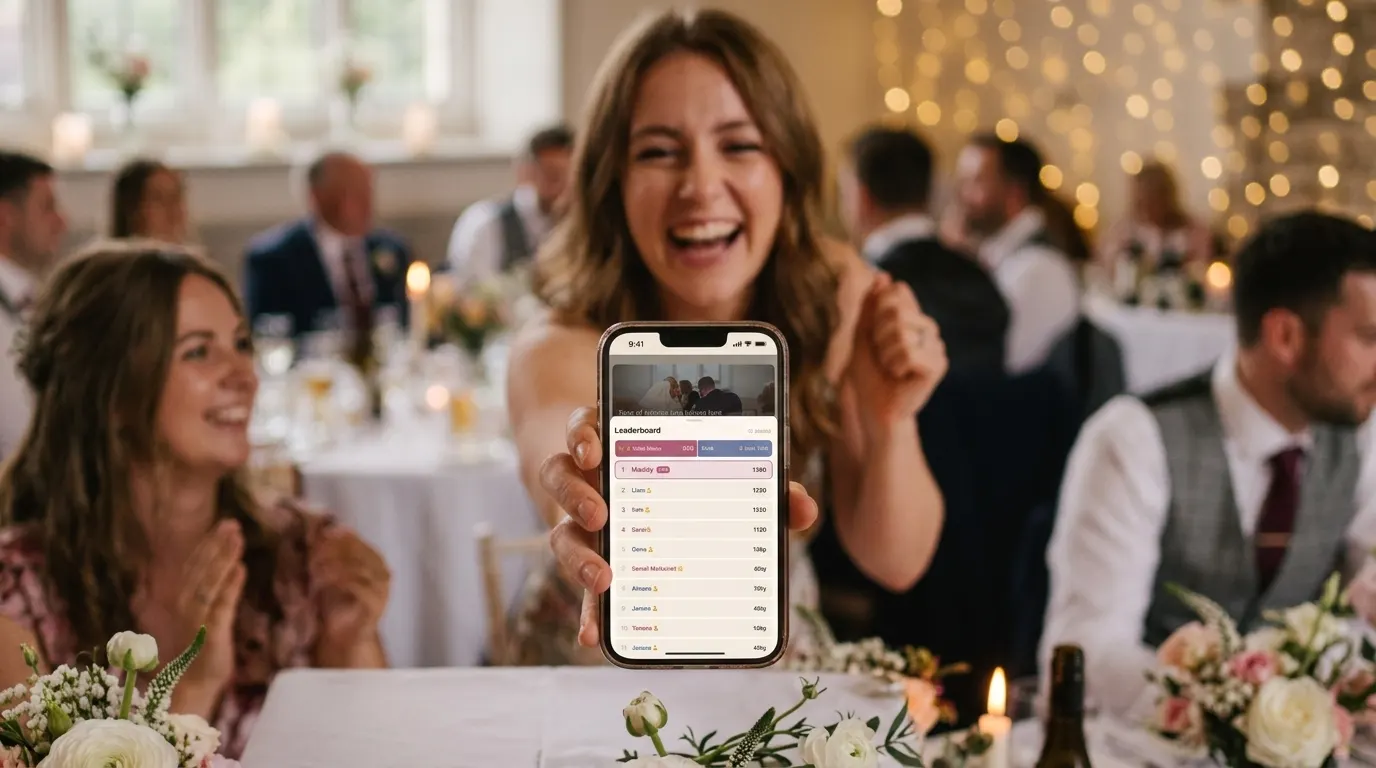 Wedding guests cheering as their team wins a round