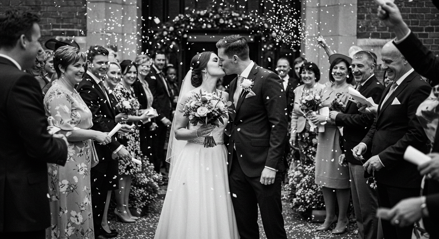 A photo of a wedding couple kissing between a group of guests
