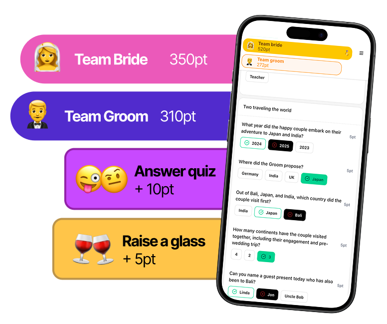 A screenshot of the app with various buttons showing the score of 'team bride' and 'team groom'